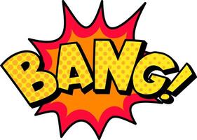 Vibrant yellow bang explosion text bursting with halftone dots emerges from a striking red and orange starburst, outlined in black, set against a clean white background vector