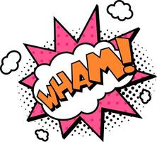 Pop art explosion featuring the word wham bursts forth from a vibrant pink star, surrounded by playful halftone dots and whimsical clouds against a clean white background vector