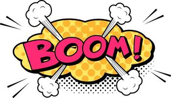 Colorful boom explosion comic book cloud with halftone dots, smoke clouds and speed lines radiating outwards, embodying the energy and impact of a sudden burst or surprising event vector