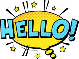 Comic style Hello text emerging from a speech bubble, adorned with stars and halftone dots. Perfect for greeting cards, social media posts, or website banners vector