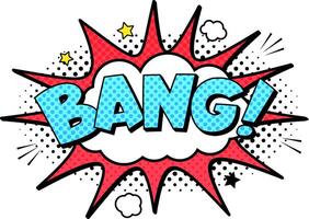 Comic book explosion with the word bang making a sudden loud noise with a burst of smoke and halftone dots, suitable for comics, cartoons and graphic novels vector
