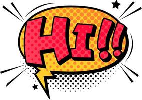 Colorful comic book explosion featuring a new character greeting with a cheerful hi, surrounded by vibrant stars and playful dots in a dynamic background vector