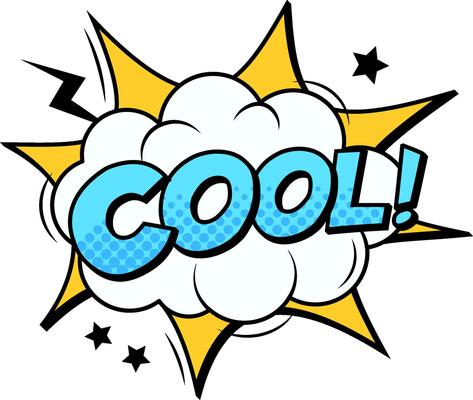 Cool comic book shout with stars and lightning bolt exploding from cloud with halftone dots in the word cool expressing excitement and approval