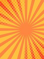 Retro pop art comic book background featuring converging orange and yellow radial lines, complemented by halftone dots, creating a dynamic and vibrant visual effect vector