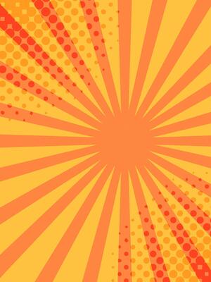 Retro pop art comic book background featuring converging orange and yellow radial lines, complemented by halftone dots, creating a dynamic and vibrant visual effect