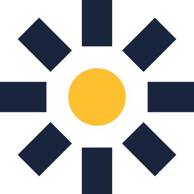 Minimalist illustration of a yellow sun shining with dark blue rays on a white background, representing concepts like energy, light, and nature