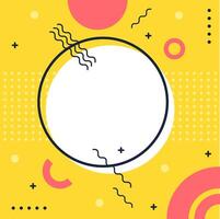 Colorful geometric background featuring a prominent blank white circle surrounded by playful Memphis design elements like squiggly lines, dots, and plus signs vector