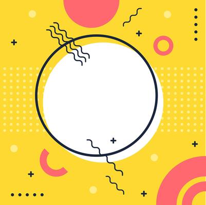Colorful geometric background featuring a prominent blank white circle surrounded by playful Memphis design elements like squiggly lines, dots, and plus signs