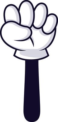 Cartoon hand featuring a white glove and dark sleeve, creating a fist gesture against a clean white background, embodying a simple and minimalistic design style