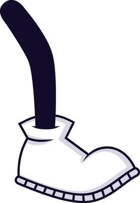 Cartoon style illustration of a long, thin, dark leg wearing a white boot stepping forward, creating a sense of quirky movement and playful energy