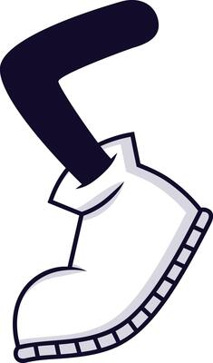 Cartoon leg sporting a white boot, taking a confident step forward, featuring a simple outlined illustration on a clean white background, exuding a playful and whimsical vibe