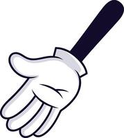 Cartoon hand wearing a white glove from the wrist down is reaching down, with fingers slightly spread apart, and arm extending upwards at an angle vector