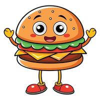 a cartoon hamburger character with arms up and legs spread vector