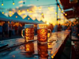 Golden craft beers glisten in sunset, surrounded by festive lights and lively atmosphere photo