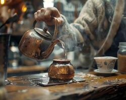 Artisan pouring tea from copper kettle into traditional pot, creating warm atmosphere photo
