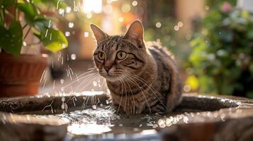 curious cat drinking from fountain, surrounded by greenery and soft sunlight. playful water droplets create serene atmosphere, highlighting cat inquisitive nature photo