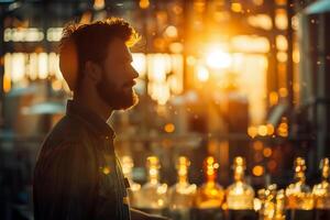man stands in profile against glowing sunset, surrounded by bottles, evoking sense of tranquility and reflection photo