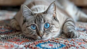 cat with enchanting blue eyes resting on colorful rug, showcasing its playful demeanor and soft fur photo
