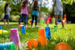 Colorful plastic cups scattered on grass with children playing in background, enjoying sunny day outdoors photo