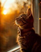 cat with bow tie gazes out window at beautiful sunset, capturing moment of tranquility and elegance photo