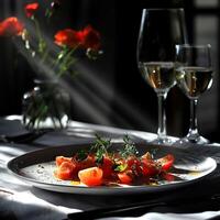 Fresh tomato salad with herbs, elegant dining setting, and wine photo