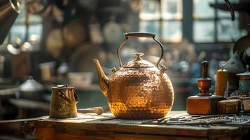 beautiful copper kettle shines in workshop filled with craft tools, evoking sense of artistry and craftsmanship photo