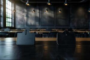 Personalized name tags for desks in modern workspace setting photo