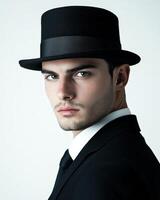 Portrait of a Stylish Gentleman in a Top Hat and Formal Attire with Intense Expression photo