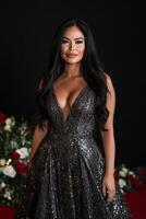 Glamorous Woman in Sparkling Evening Gown Posing with Roses in the Background photo