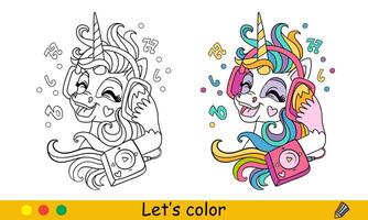 Kids coloring and color template unicorn listen the music vector