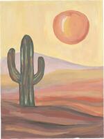 a painting of a desert landscape with a cactus in the foreground vector