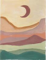 a painting of a mountain range with a crescent moon watercolor vector