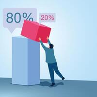 A man stacks a 20 chart on top of an 80 chart. Illustration for the Pareto principle in business. vector