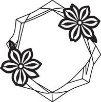 A black and white drawing of a flower in a hexagonal frame vector