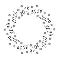 2026 date and snowflakes Circular frame in trendy minimalism. New Year greeting Copy space template. Isolated illustration Thematic cards, poster, leaflet, price tag, label or web promo banner vector