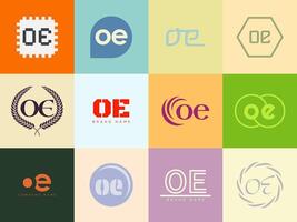 OE logo company template. Letter o and e logotype. Set different classic serif lettering and modern bold text with design elements. Initial font typography. vector