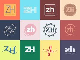 ZH logo company template. Letter z and h logotype. Set different classic serif lettering and modern bold text with design elements. Initial font typography. vector