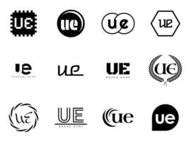 UE logo company template. Letter u and e logotype. Set different classic serif lettering and modern bold text with design elements. Initial font typography. vector