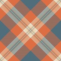 Checkered fabric tartan seamless, performance textile texture check. Gingham pattern plaid background in orange and cyan colors. vector