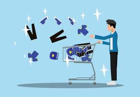 man pushing shopping cart with items falling out vector