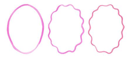 Set of outline scallop frame border in watercolour style. Retro frame with wavy border. Brush pink hand drawn oval shape vector