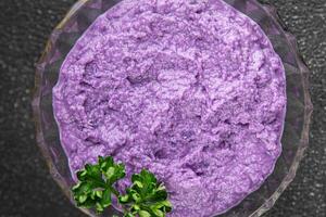 purple mashed potatoes fresh tasty food dish delicious gourmet food background on the table rustic food top view copy space keto and paleo diet Vegetarian and food photo