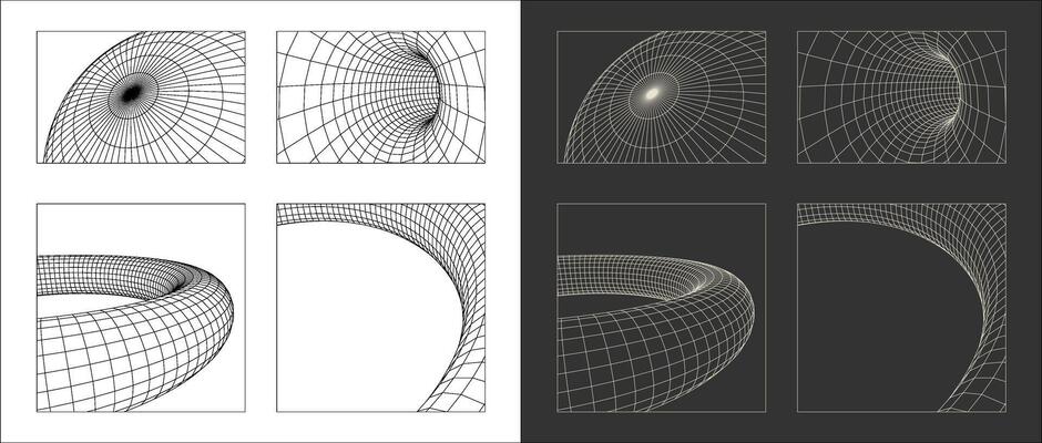 graphic asset in a retro futuristic style, featuring wireframe elements in various forms and modern shapes, ideal for design templates, posters, banners, clothing, stickers, and other