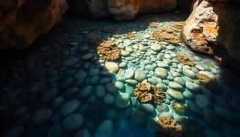 a river runs through a cave with rocks and water photo