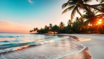 a beach with palm trees and the sun setting photo