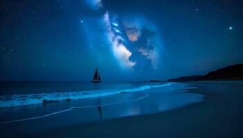 a sailboat is in the ocean at night with the milky way in the sky photo