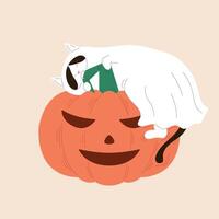Cat in a ghost costume lies on a pumpkin and bites it in flat style. Design for postcard, banner for Happy Halloween holiday. vector
