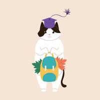 Tuxedo cat in a square academic cap holds a backpack and autumn leaves in its paws in flat. Autumn illustration for Education themed design. vector