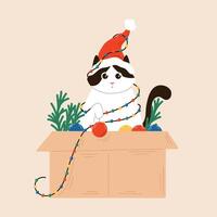 Tuxedo cat in a Santa hat sits in a box with Christmas toys and fir branches wrapped in a garland in flat style. New Year design for postcard. vector