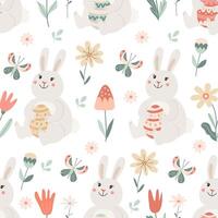 Seamless pattern with cute bunnies with easter eggs and flowers on white background. Illustration in hand drawn flat style, pastel colors for wrapping paper, festive textile vector